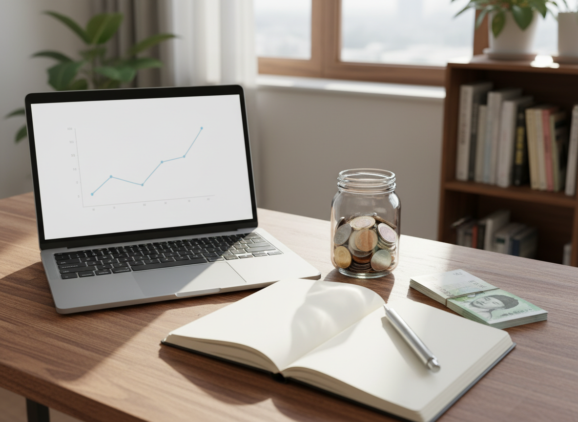 A neat wooden office desk with a medium-toned grain, covered with orderly financial items: a silver laptop showing a simple line chart, a thick paper notebook open to a clean page, a sturdy metal pen, a clear glass jar half-filled with mixed coins, and a small stack of neatly arranged Korean banknotes held by a plain clip. The desk sits near a large window in a quiet home office. Soft morning daylight streams in, casting gentle shadows and subtle reflections on the smooth surfaces. Photographic realism, shot at eye level with a moderate depth of field, keeps all objects crisp while the background bookshelf and plant are slightly softened, creating a calm, professional, trustworthy atmosphere about money management for adults.